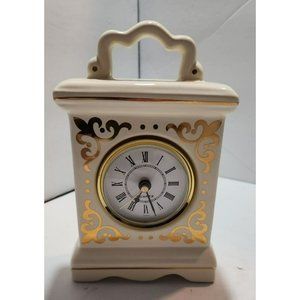 Vtg Retro Decorative Mantel/Desk/Carriage Quartz Clock Cream with Gold Accents